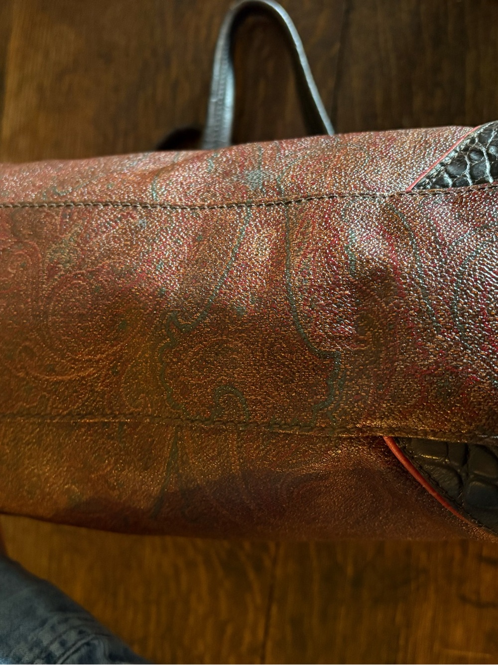 Vintage ETRO Paisley Tote Bag Red Croc Embossed Leather Silver Hardware - Picture 7 of 17
